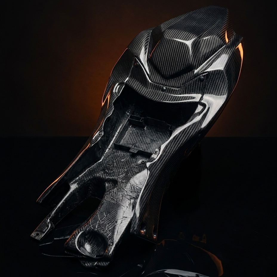 Carbon fiber component with a glossy finish on a dark background